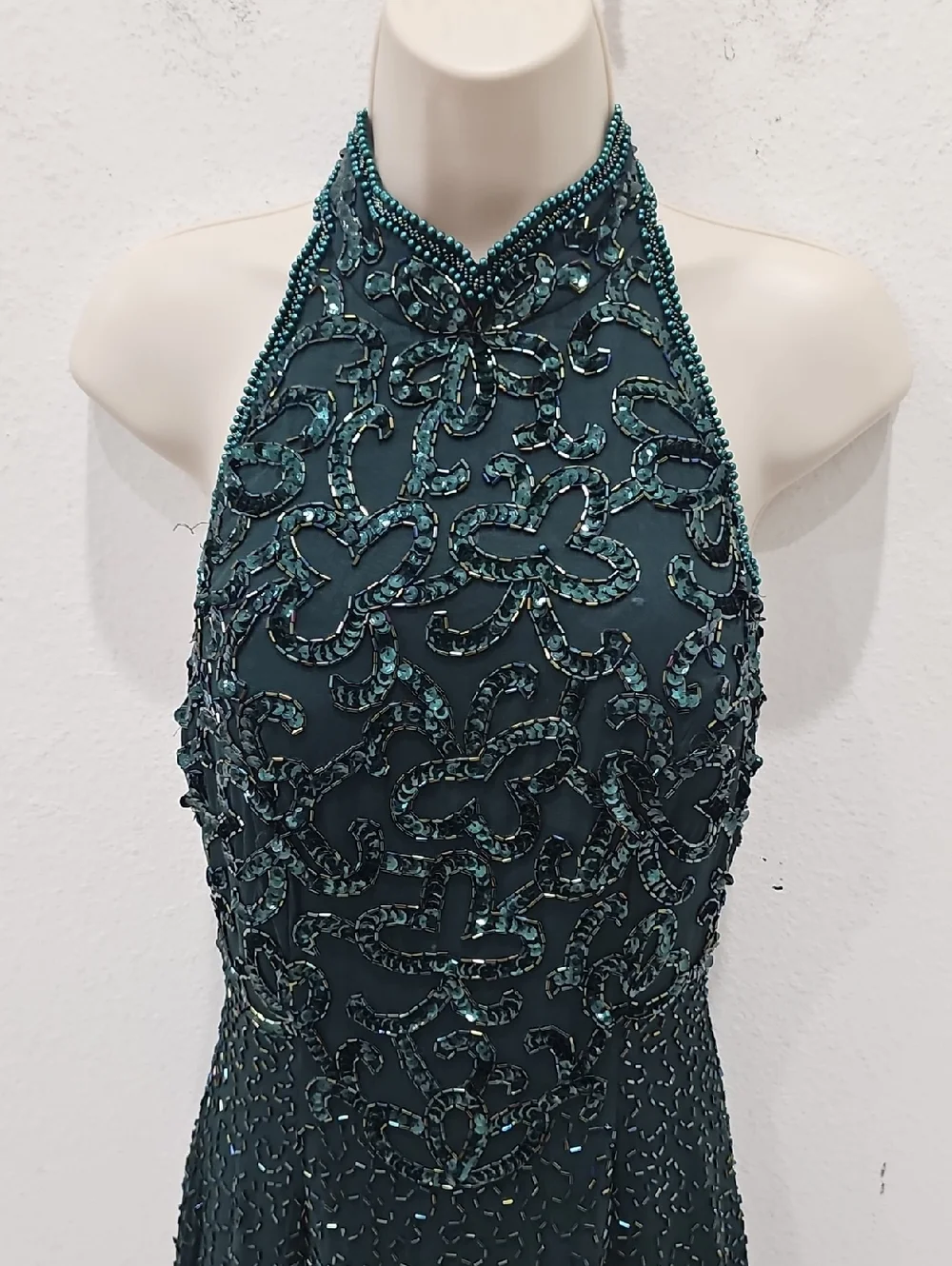 Vintage Lillie Rubin Green Sequin Silk Dress Beaded Gown Open Back / Size 6